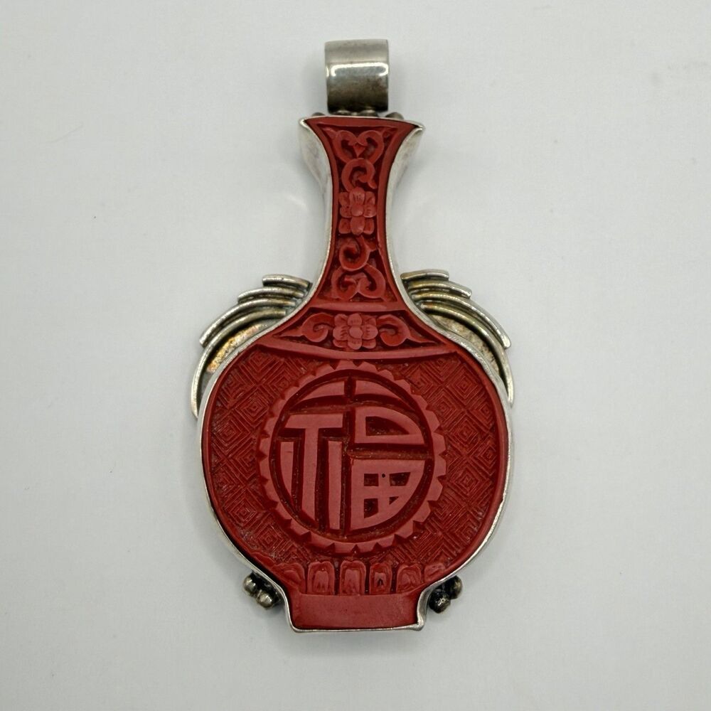 Vintage 925 Sterling Silver Cinnabar Carved Red Pendant 18g